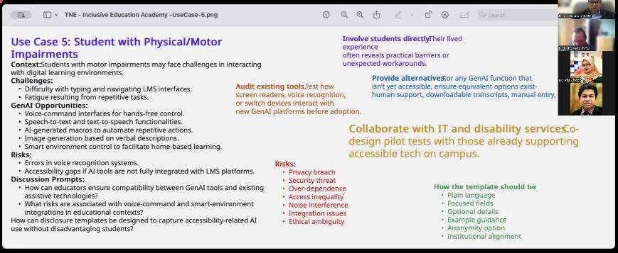 Screenshot of a presentation slide titled "Use Case 5: Student with Physical/Motor Impairments" from TNE Inclusive Education Academy. The slide outlines challenges faced by students with motor impairments, suggested audit tests, and collaboration strategies with IT and disability services, using color-coded text and bullet points to emphasize key areas such as privacy, security, and accessibility.
