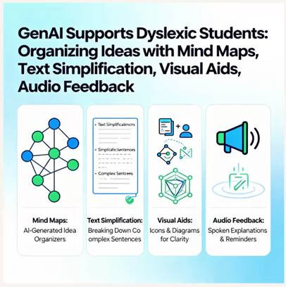 Graphic with four panels illustrating how GenAI supports dyslexic students by organizing ideas. Panels show mind maps as AI-generated idea organizers with connected nodes in blue and green, text simplification breaking down complex sentences, visual aids using icons and diagrams for clarity, and audio feedback providing spoken explanations and reminders with a speaker icon.